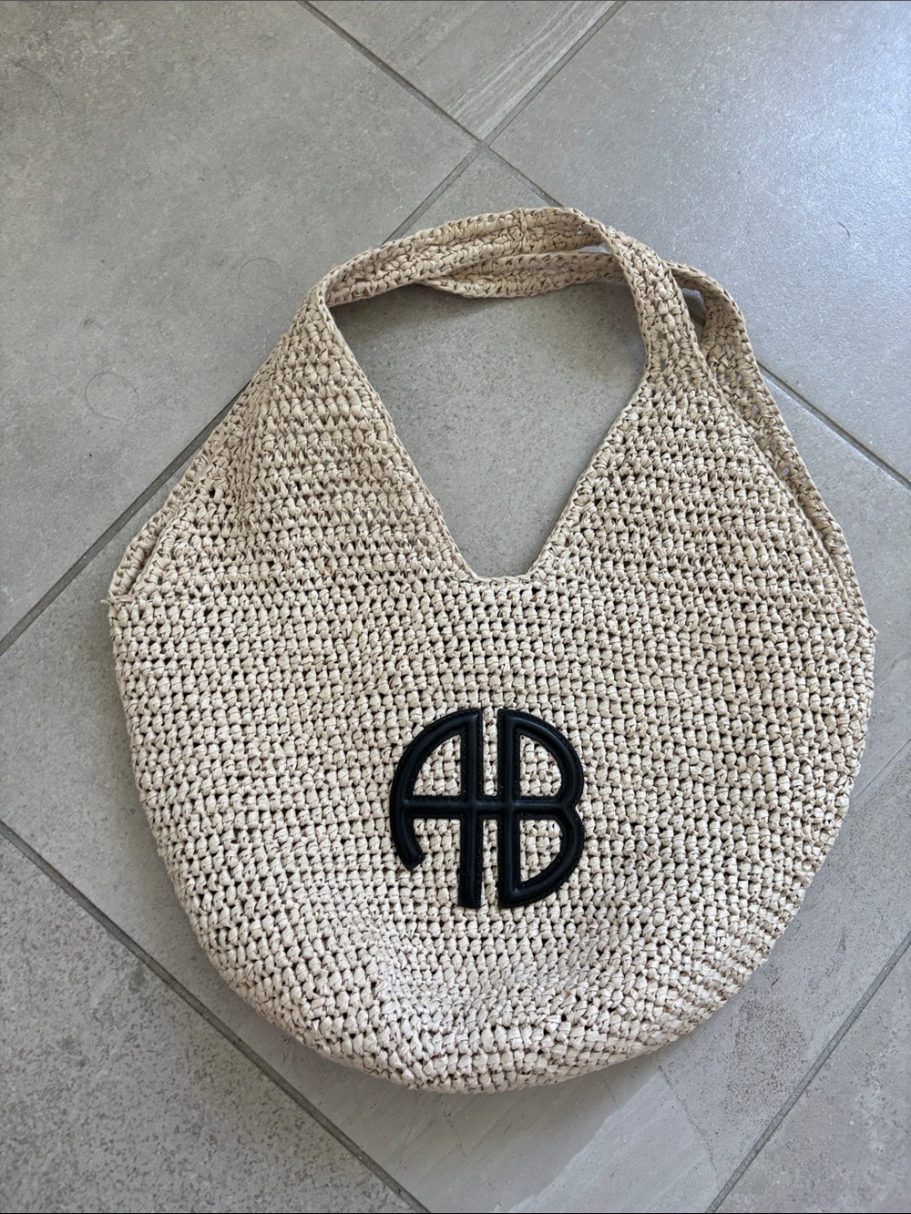 Monogram Cream Crochet Shoulder Bag Anine Bing Leah Logo Raffia Hobo